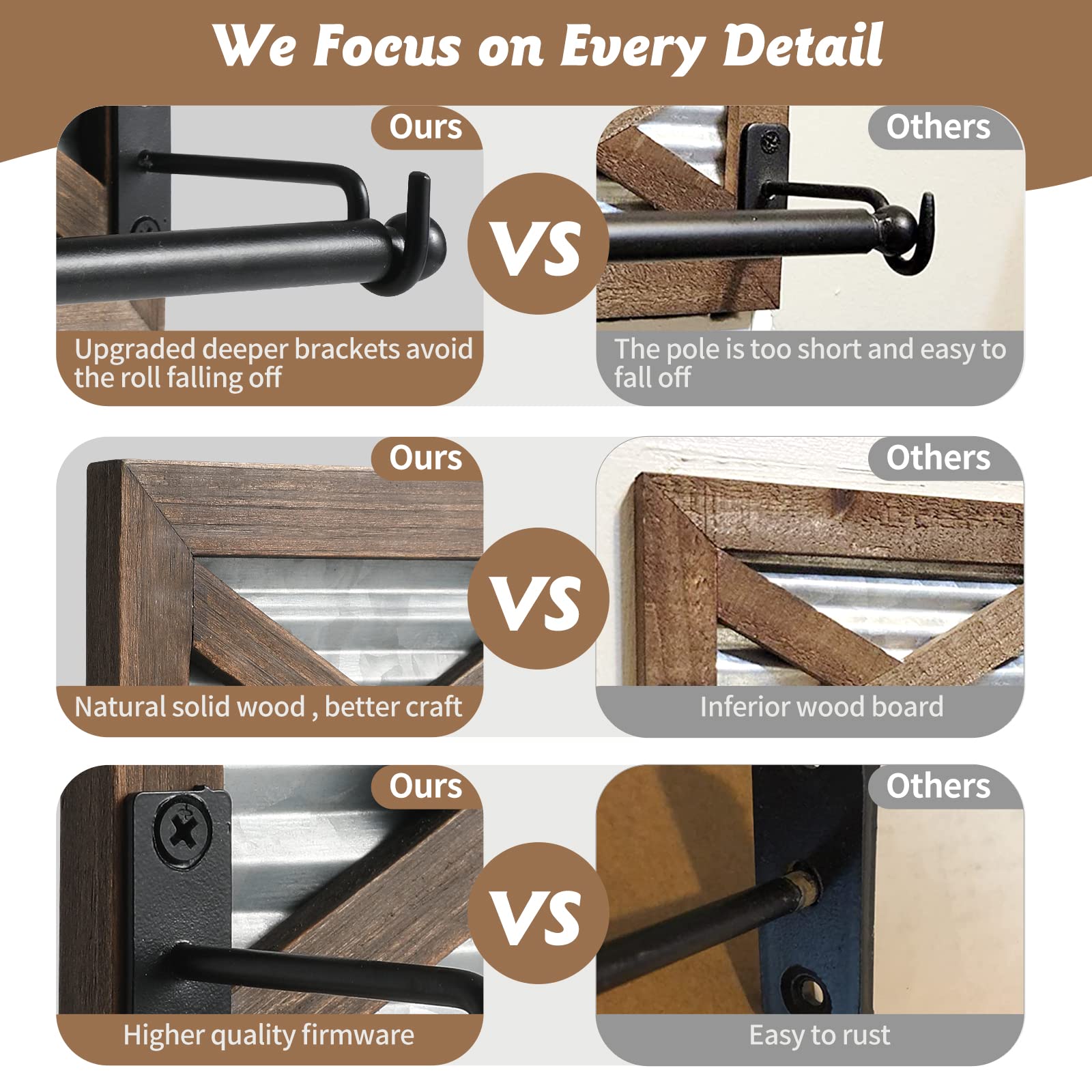 Farmhouse Toilet Paper Holder With Galvanized Metal& Black Metal - Rustic Warm Brown Wood Wall Mount Toilet Roll Holder For Bath